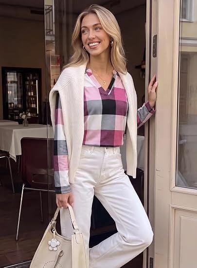 Pink Black White Checkered Long Sleeve V-Neck Blouse image 1